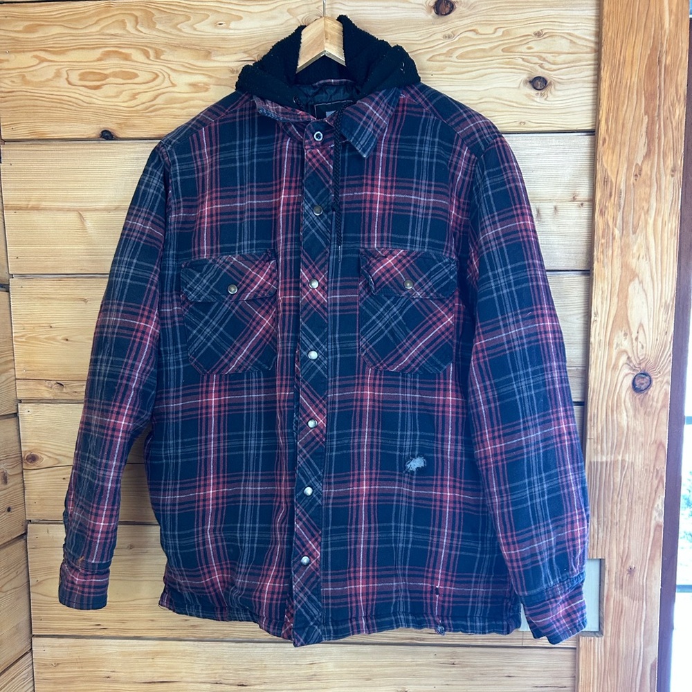Cotton Black Red Plaid Quilted Hooded Work Jacket Mens Small
